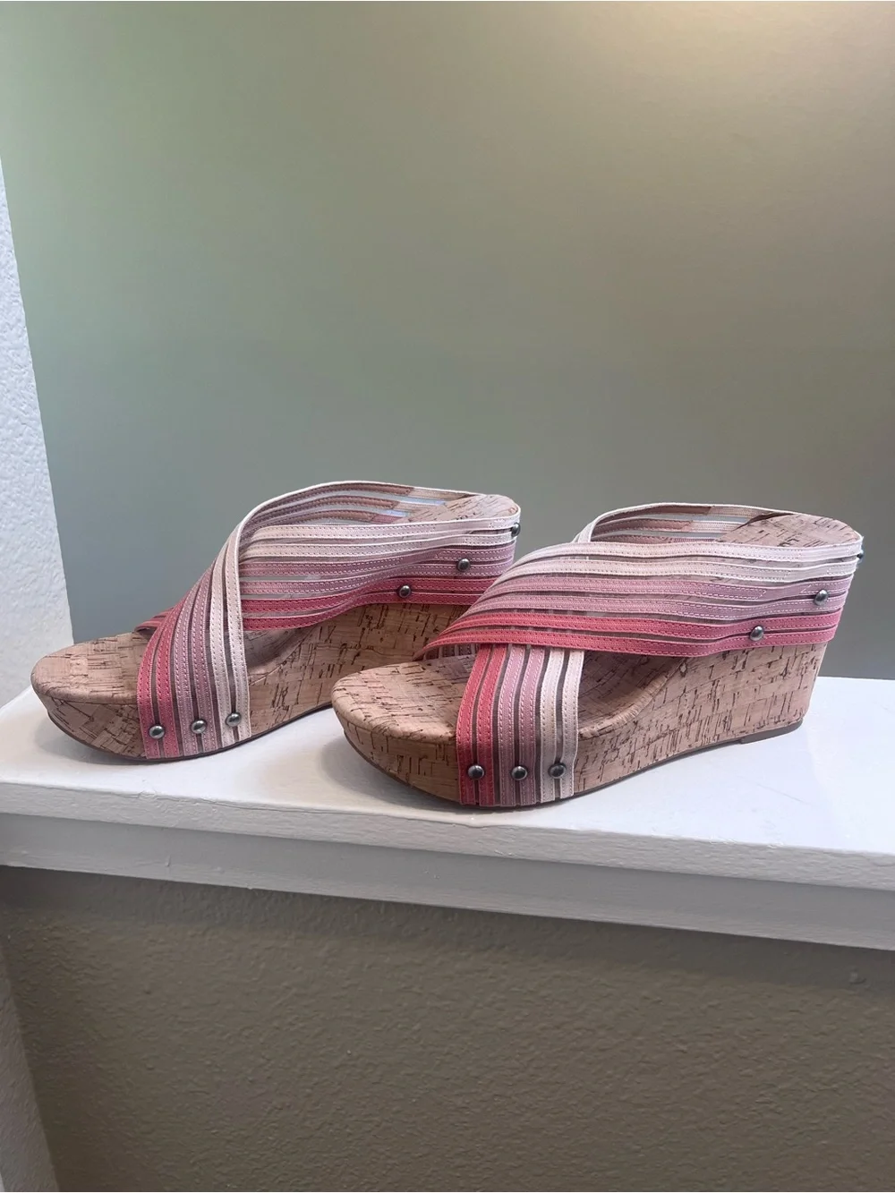 Lucky Brand Pink Ombré Cork Wedge Sandals Crisscross Wedge Size 9